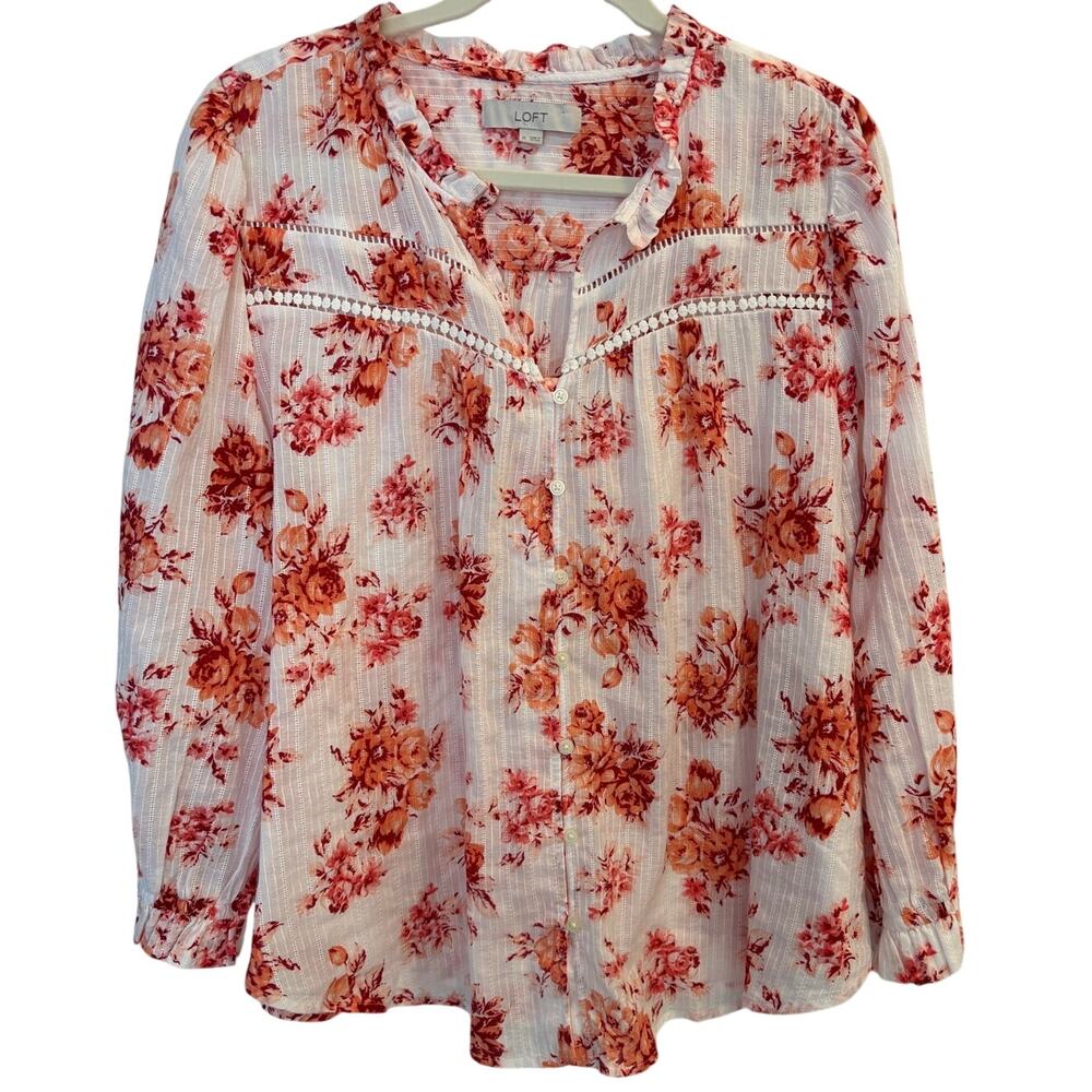 LOFT Red Orange Floral Ruffle Peasant Blouse Ladder Lace Dobby Knit XL